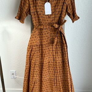 Daughters of India Rust Floral Maxi Dress with Waist Tie